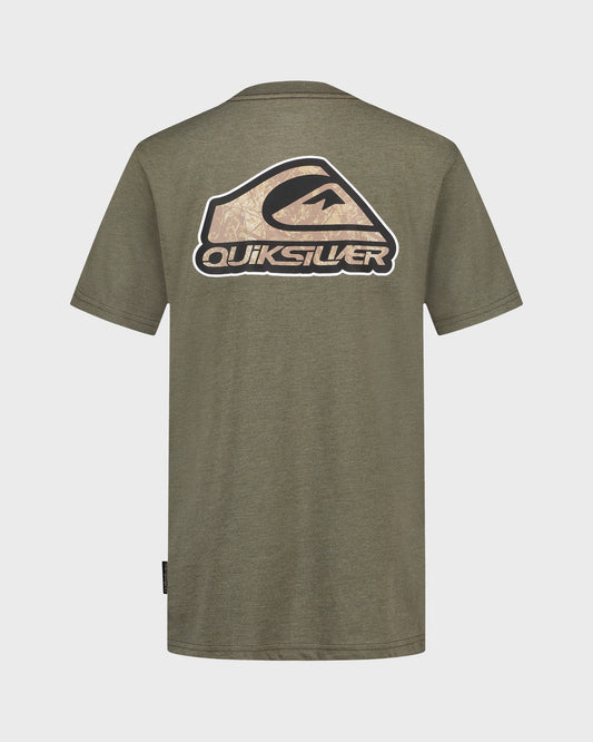 Green Quiksilver t-shirt with logo on a light gray background