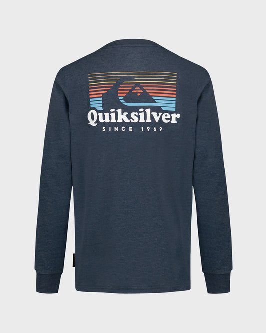 Navy blue long-sleeve shirt with Quiksilver logo on a light gray background