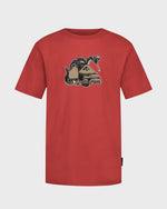 Red t-shirt with a graphic design on a light gray background