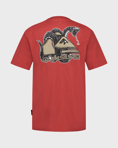 Red t-shirt with a graphic design on the back against a white background