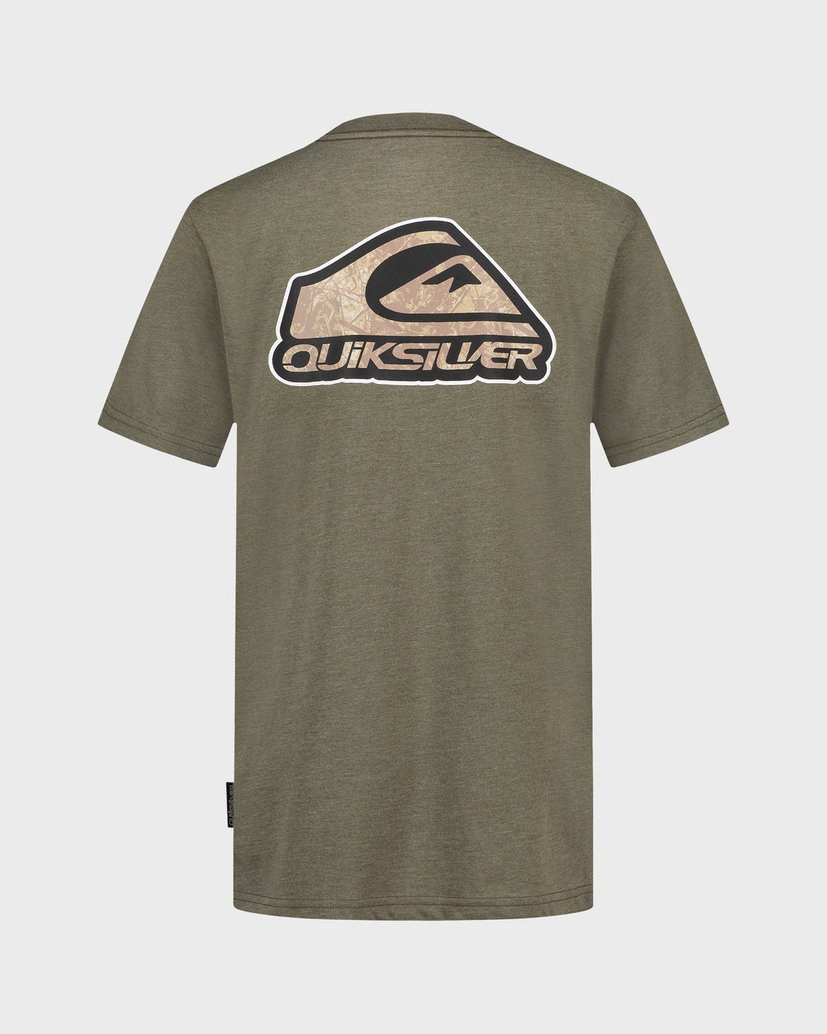 Green Quiksilver t-shirt with logo on a light gray background