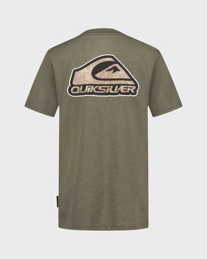 Green Quiksilver t-shirt with logo on a light gray background