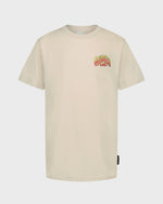 Beige t-shirt with a colorful graphic on a light gray background