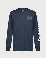 Navy blue long-sleeve shirt with Quiksilver logo and branding on a light gray background