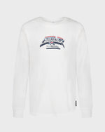 White sweatshirt with a logo on a light gray background