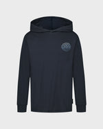 Black hoodie with a logo on the chest against a light gray background
