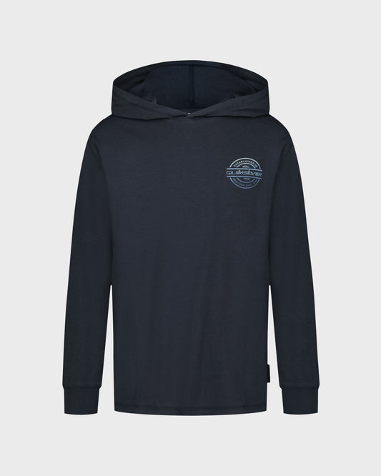 Black hoodie with a logo on the chest against a light gray background