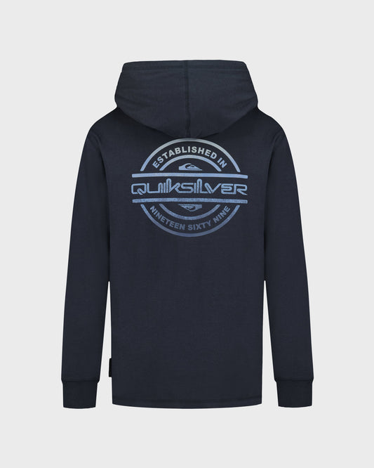Black hoodie with Quiksilver logo on the back against a light gray background