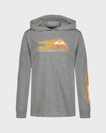 Gray hoodie with orange and yellow logo on a white background