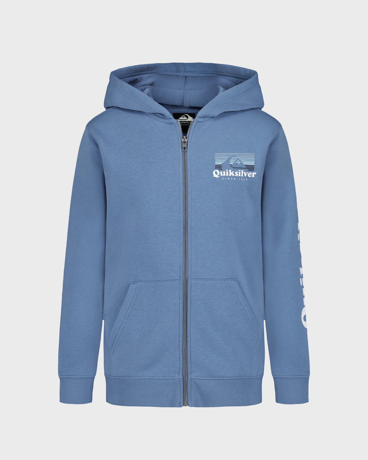 Blue hoodie with Quiksilver logo on a light gray background