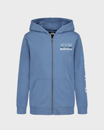 Blue hoodie with Quiksilver logo on a light gray background