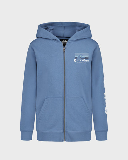Blue hoodie with Quiksilver logo on a light gray background