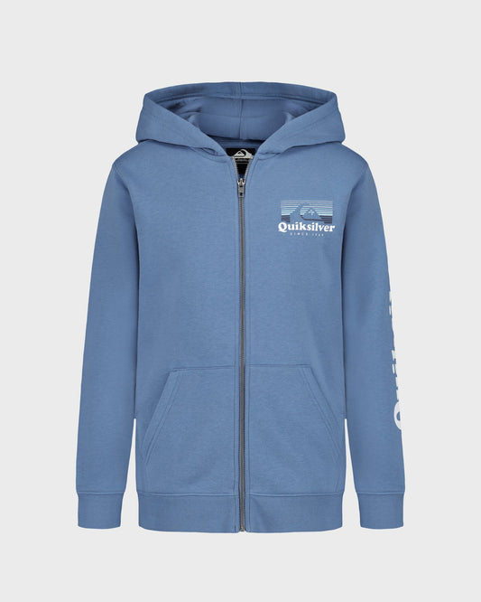 Blue hoodie with Quiksilver logo on a light gray background
