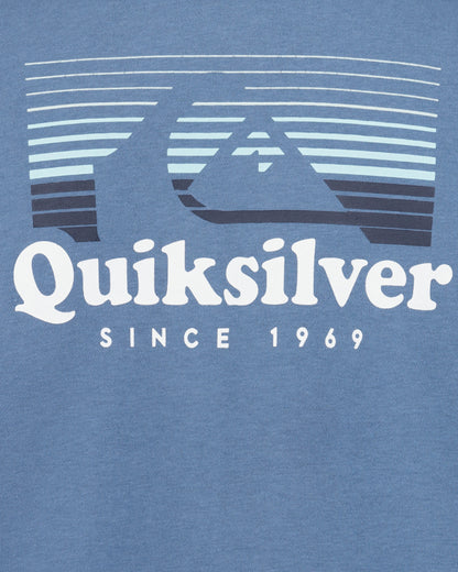 Blue t-shirt with Quiksilver logo and text on a blue background