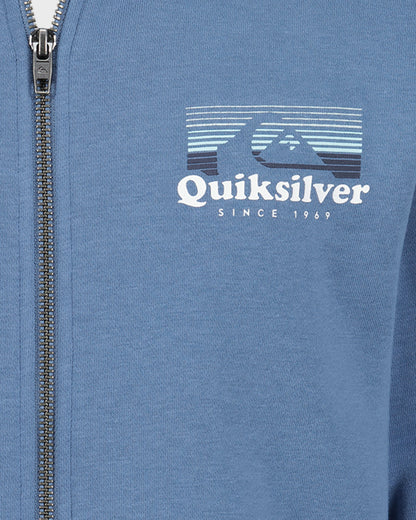 Blue jacket with Quiksilver logo and text on a close-up view