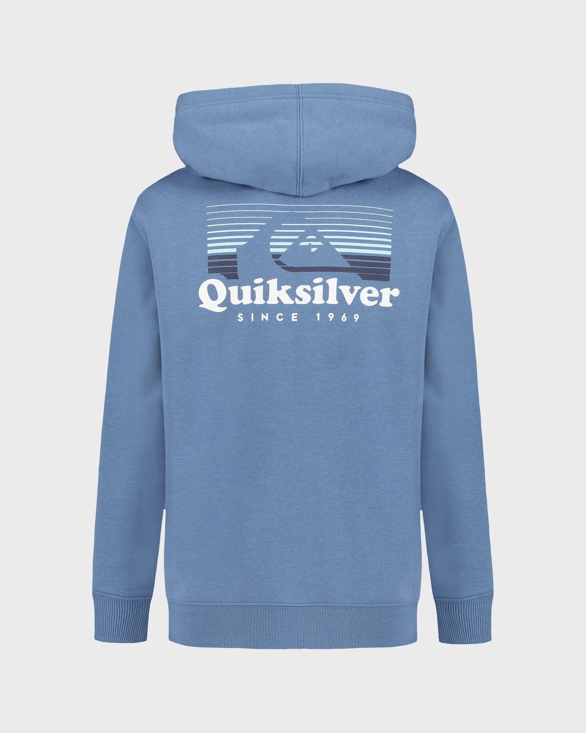 Blue hoodie with Quiksilver logo on the back against a light gray background