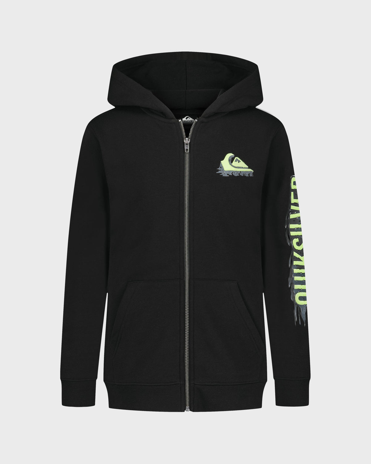 Black hoodie with a logo and text on a white background