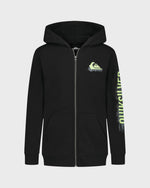 Black hoodie with a logo and text on a white background