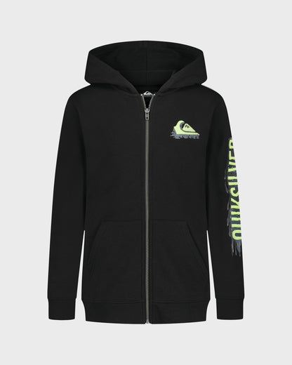 Black hoodie with a logo and text on a white background