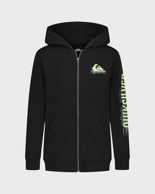 Black hoodie with a logo and text on a white background