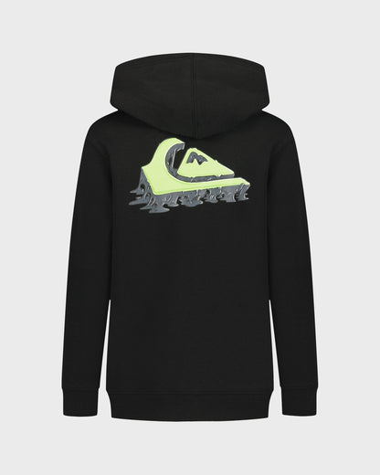 Black hoodie with a logo on the back against a light gray background