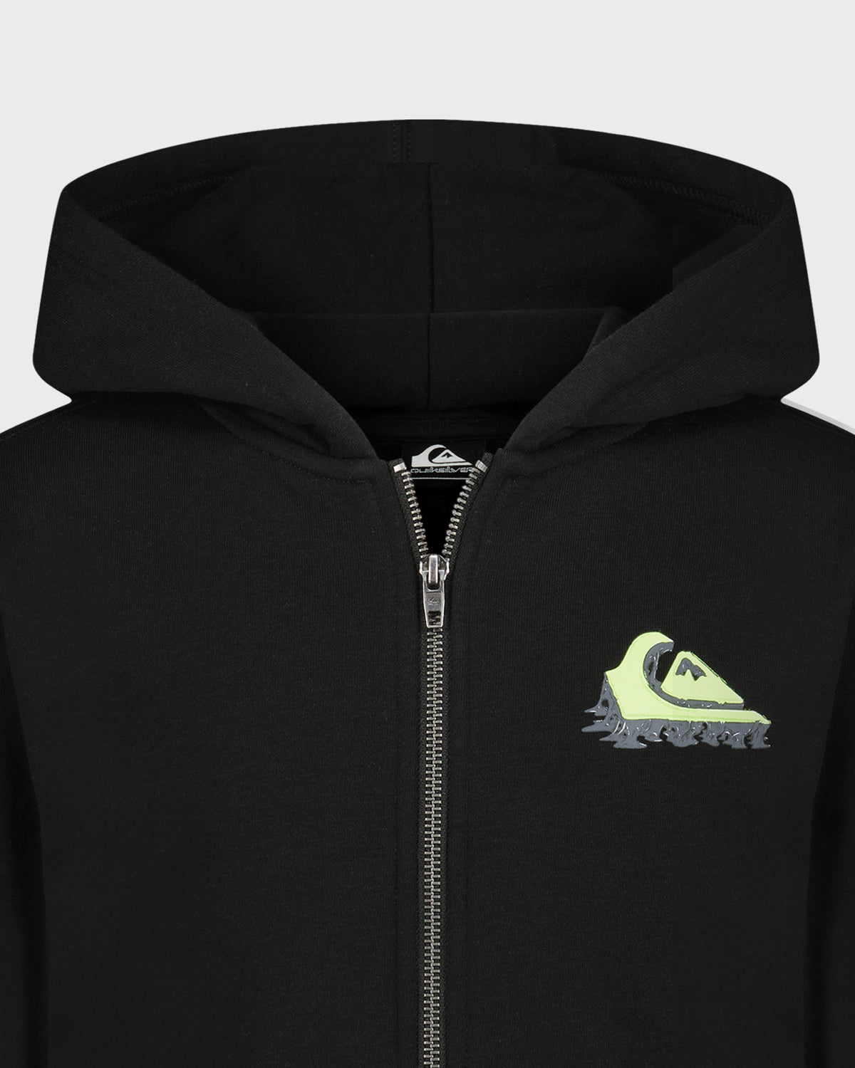 Black hoodie with a green logo on a white background