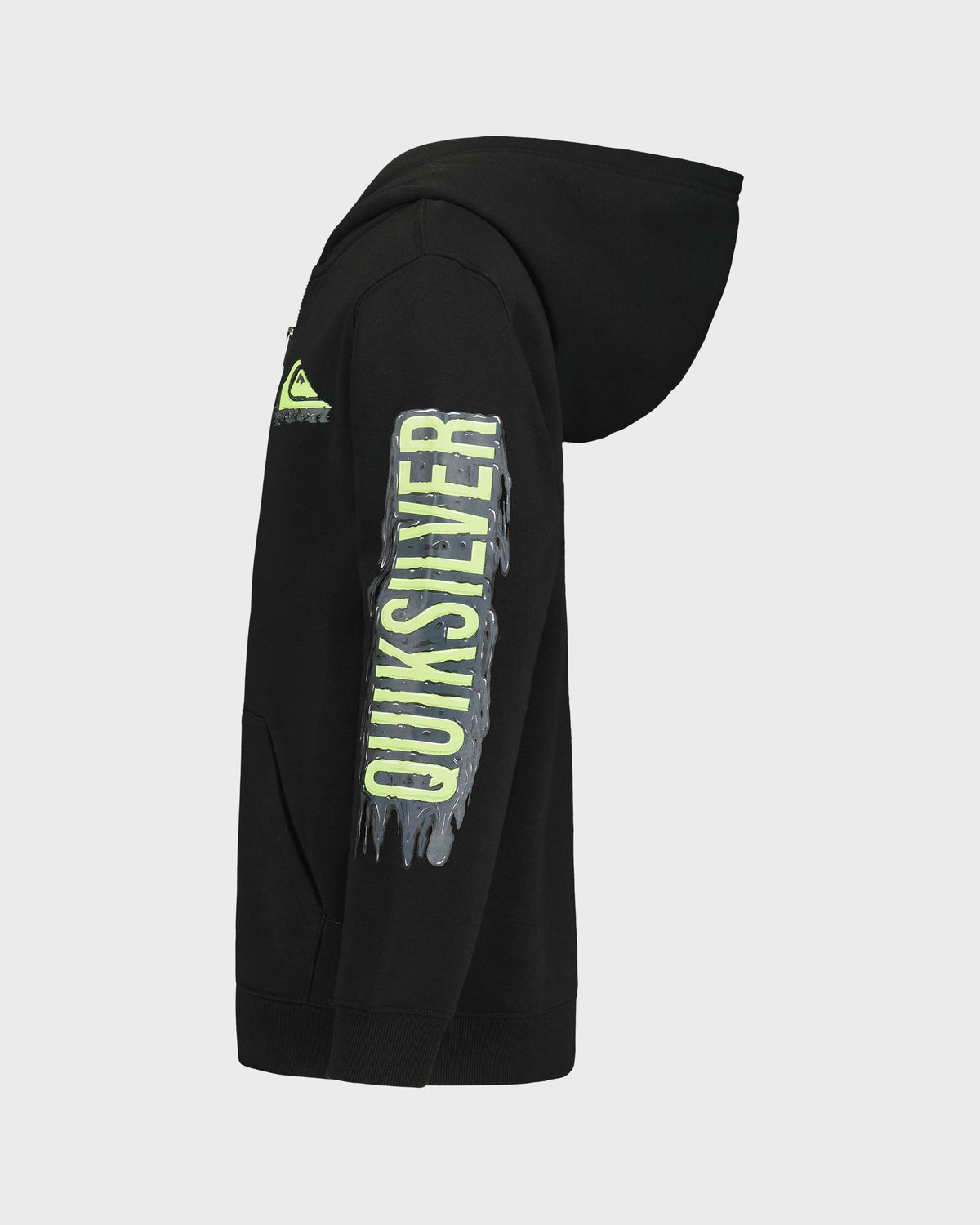 Black hoodie with Quiksilver logo on a light gray background