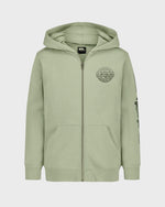Green hoodie with a logo on a light gray background