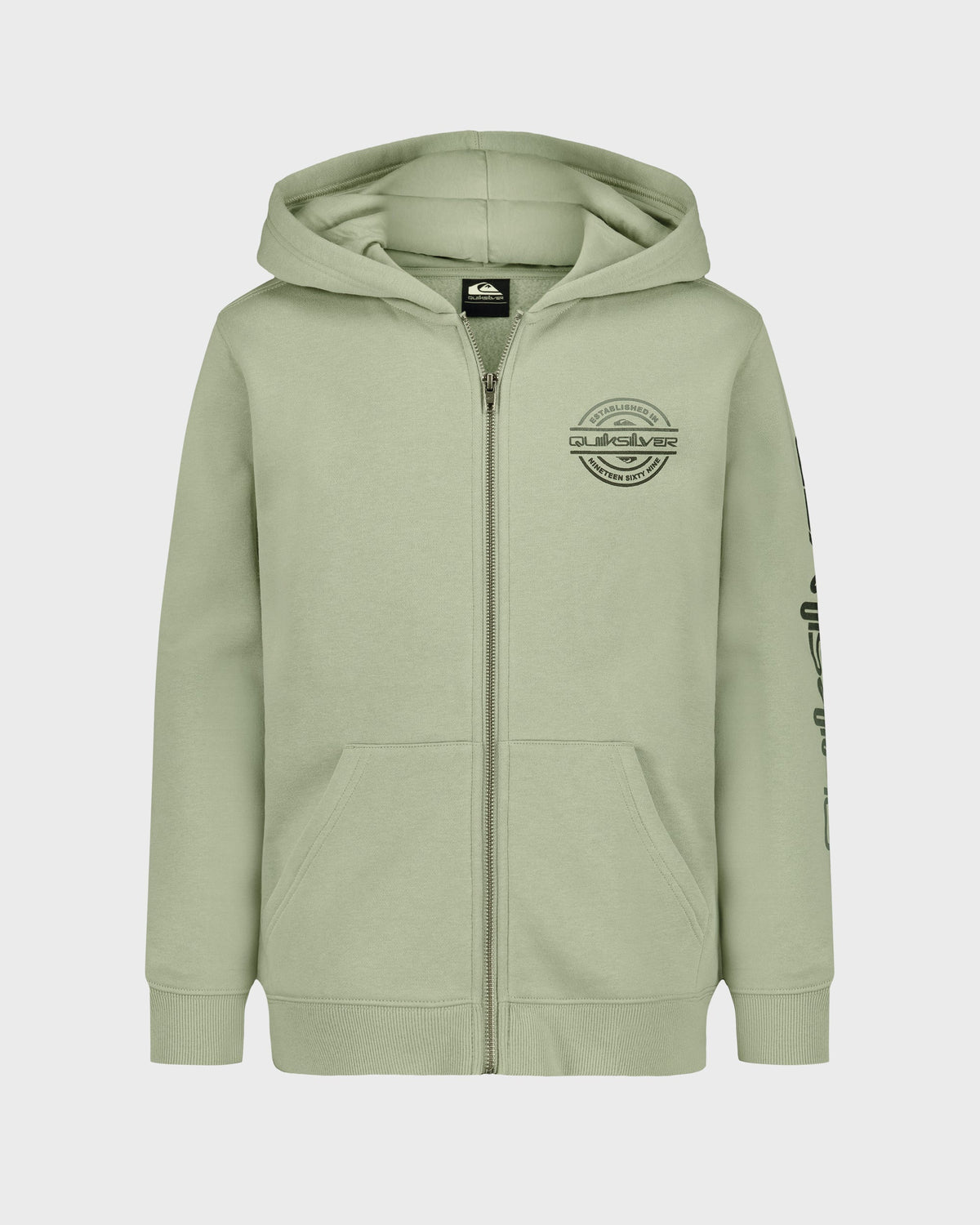 Green hoodie with a logo on a light gray background