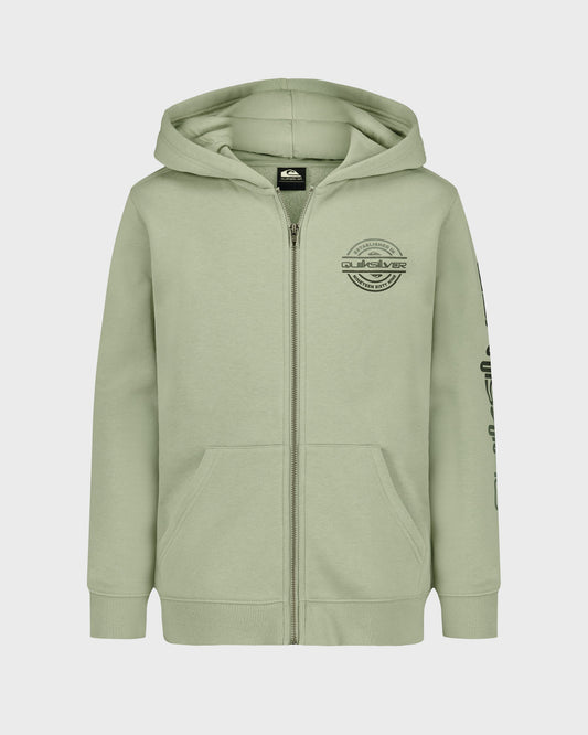 Green hoodie with a logo on a light gray background