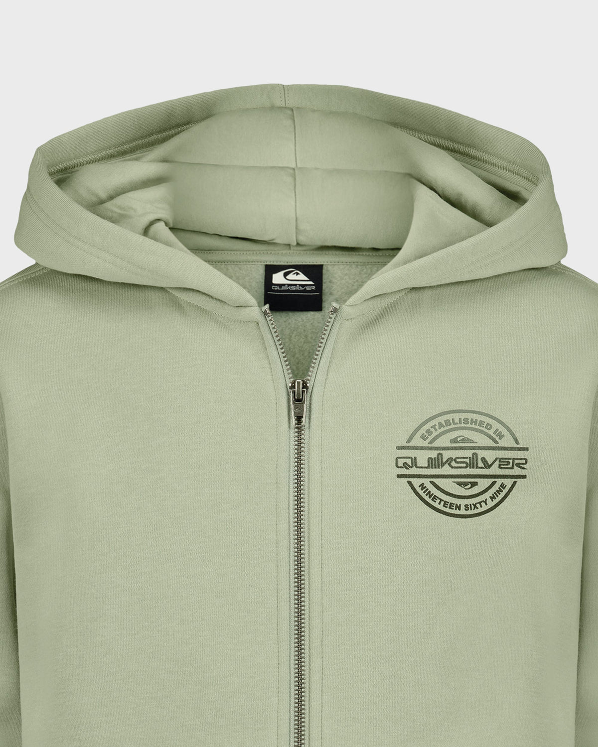 Green hoodie with Quiksilver logo on a white background
