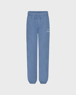 Blue sweatpants on a light gray background