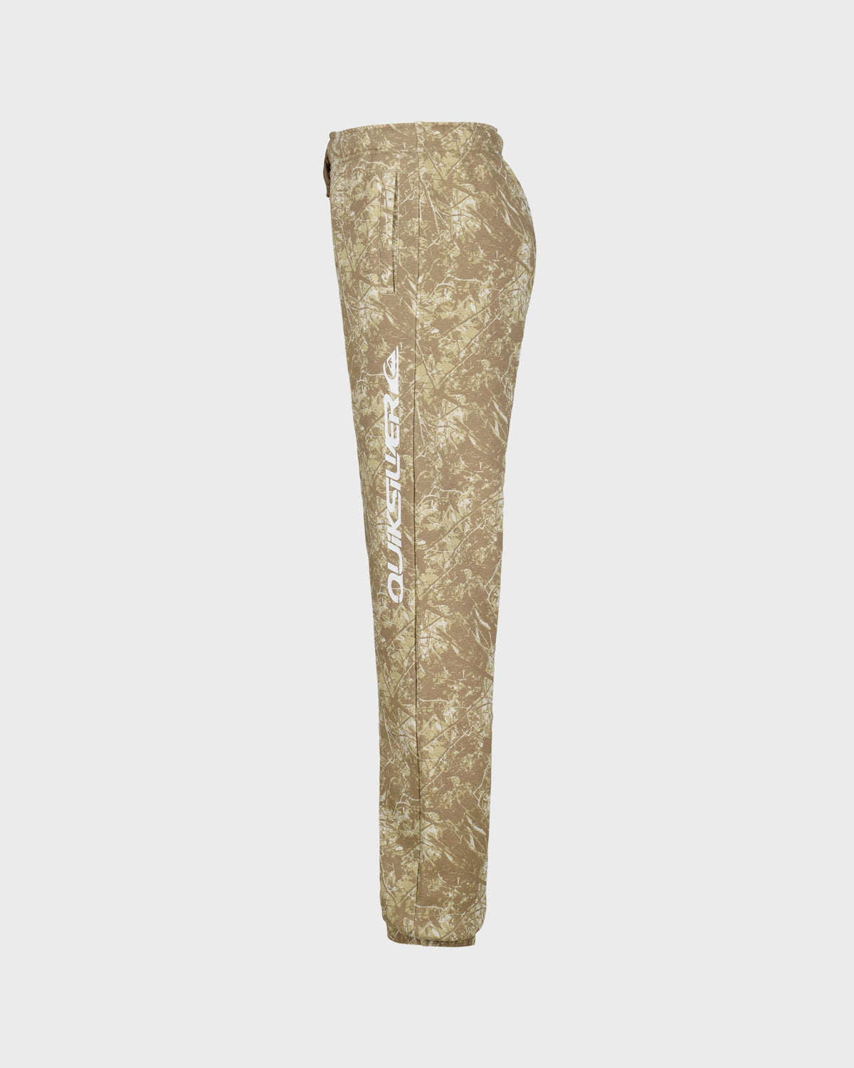 Camouflage pants with a brand logo on a light gray background