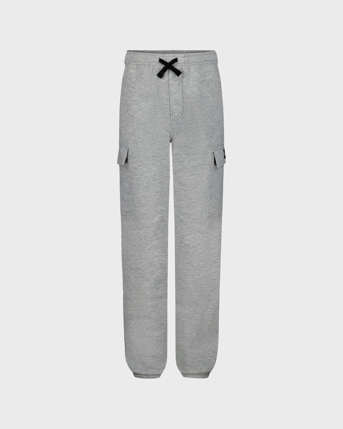 Gray cargo pants with black drawstring on a white background