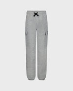 Gray cargo pants with black drawstring on a white background