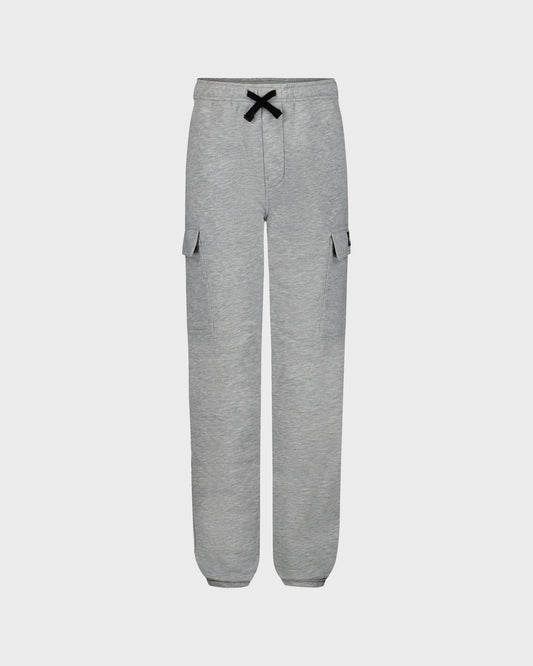 Gray cargo pants with black drawstring on a white background