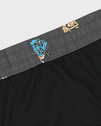 Black boxer briefs with a gray waistband featuring a colorful graphic design on a light gray background.