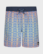 Patterned shorts with a blue and orange design on a white background