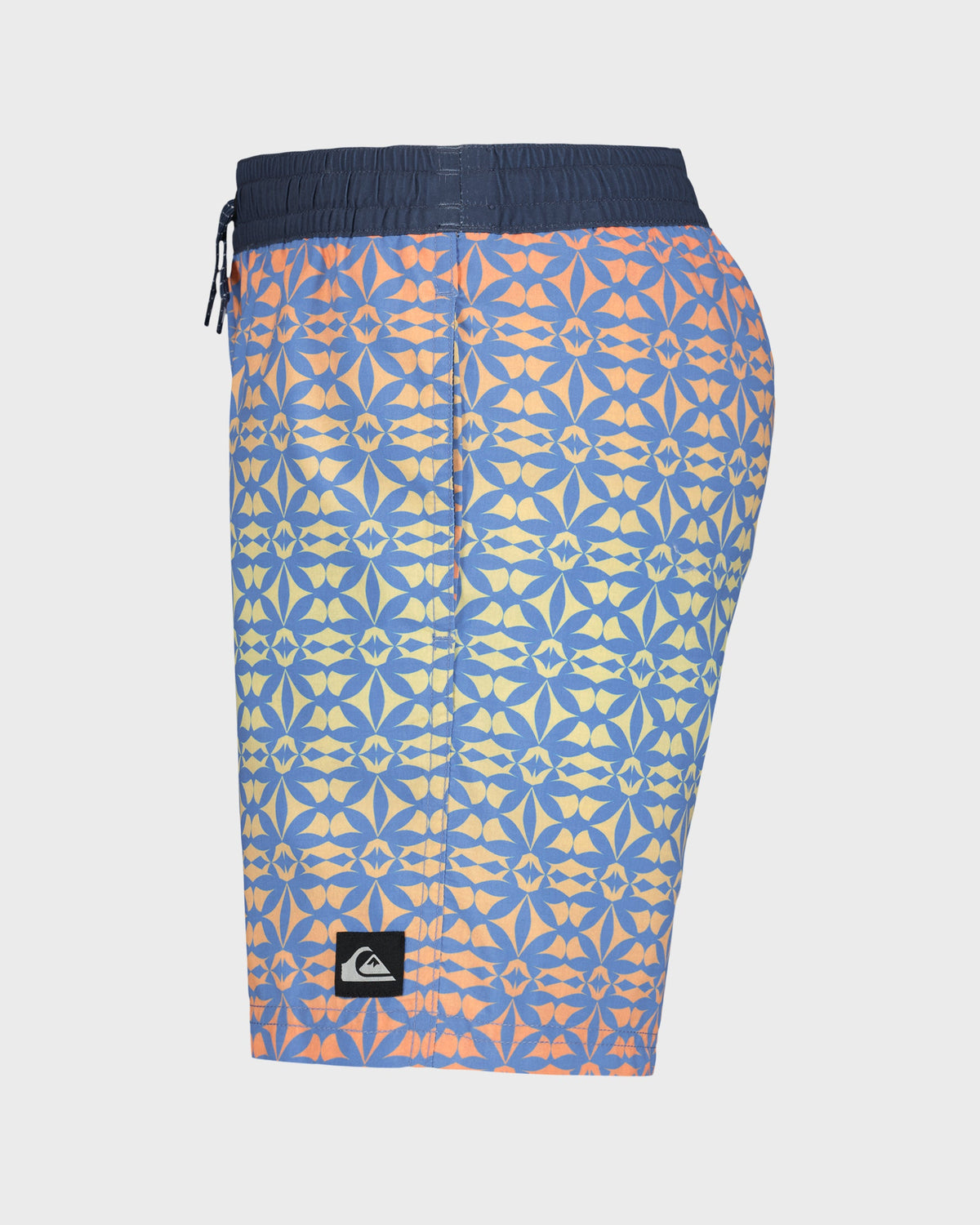 Blue and orange patterned shorts with a visible brand logo on a light gray background