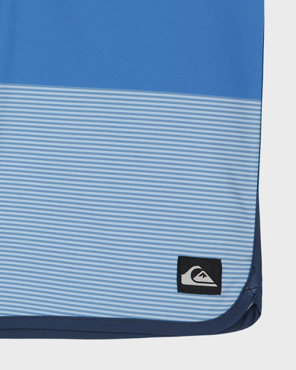 Blue and light blue striped bag with a logo on a white background