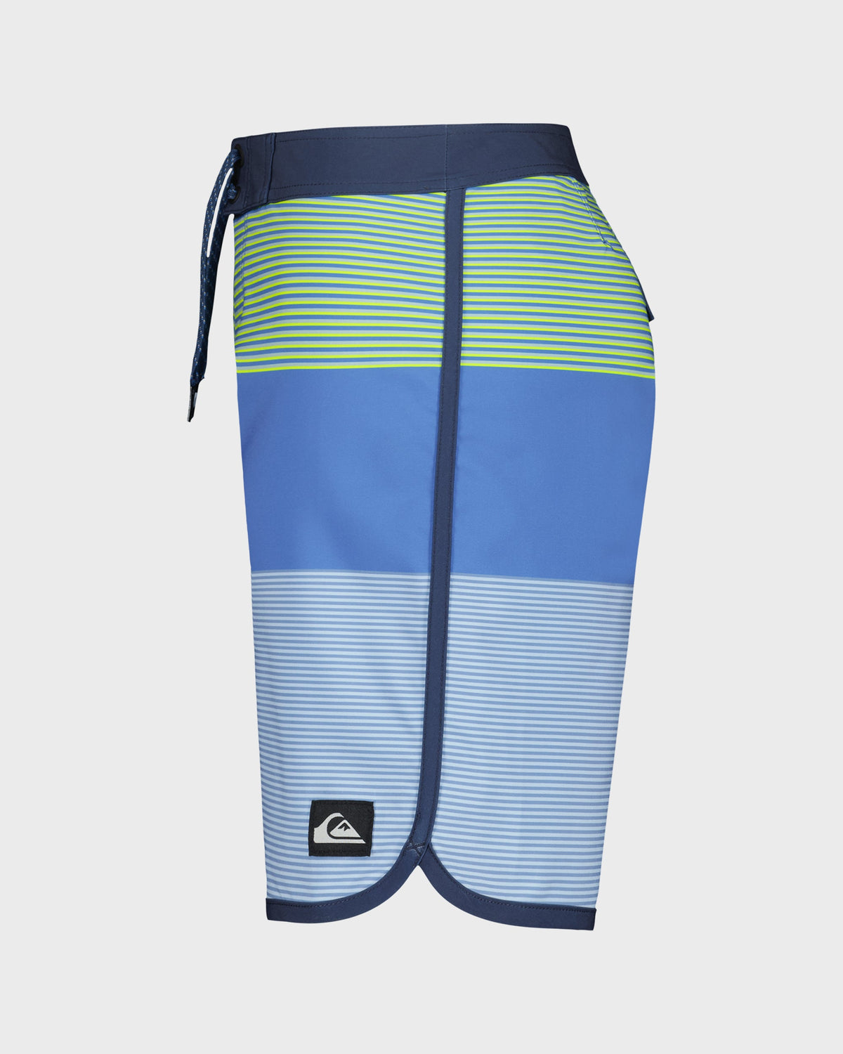 Blue and green striped board shorts with a visible brand logo on a white background